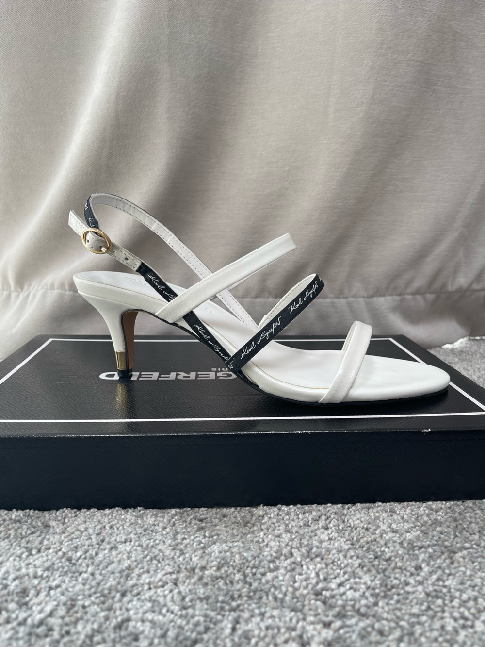 Karl Lagerfeld White Sandal Heels with Black Strap Accent
